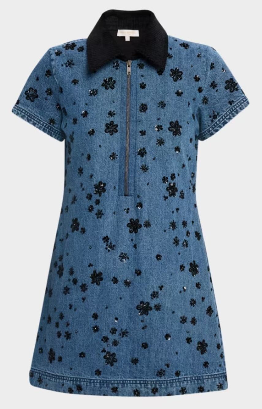 NWT Ramy Brook Rita Embellished Denim Mini Dress Blue Black Corduroy Collar XS